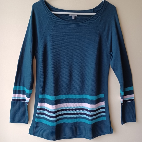 Talbots Tops - T by Talbots Deep Teal Waffle Knit Stripe Detail Jewel Neck Tunic Sweater